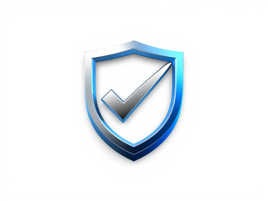 A sleek, modern logo mark: a shield with a checkmark inside, metallic silver and blue gradient, 3D render, soft shadows, isolated on white, 8k.